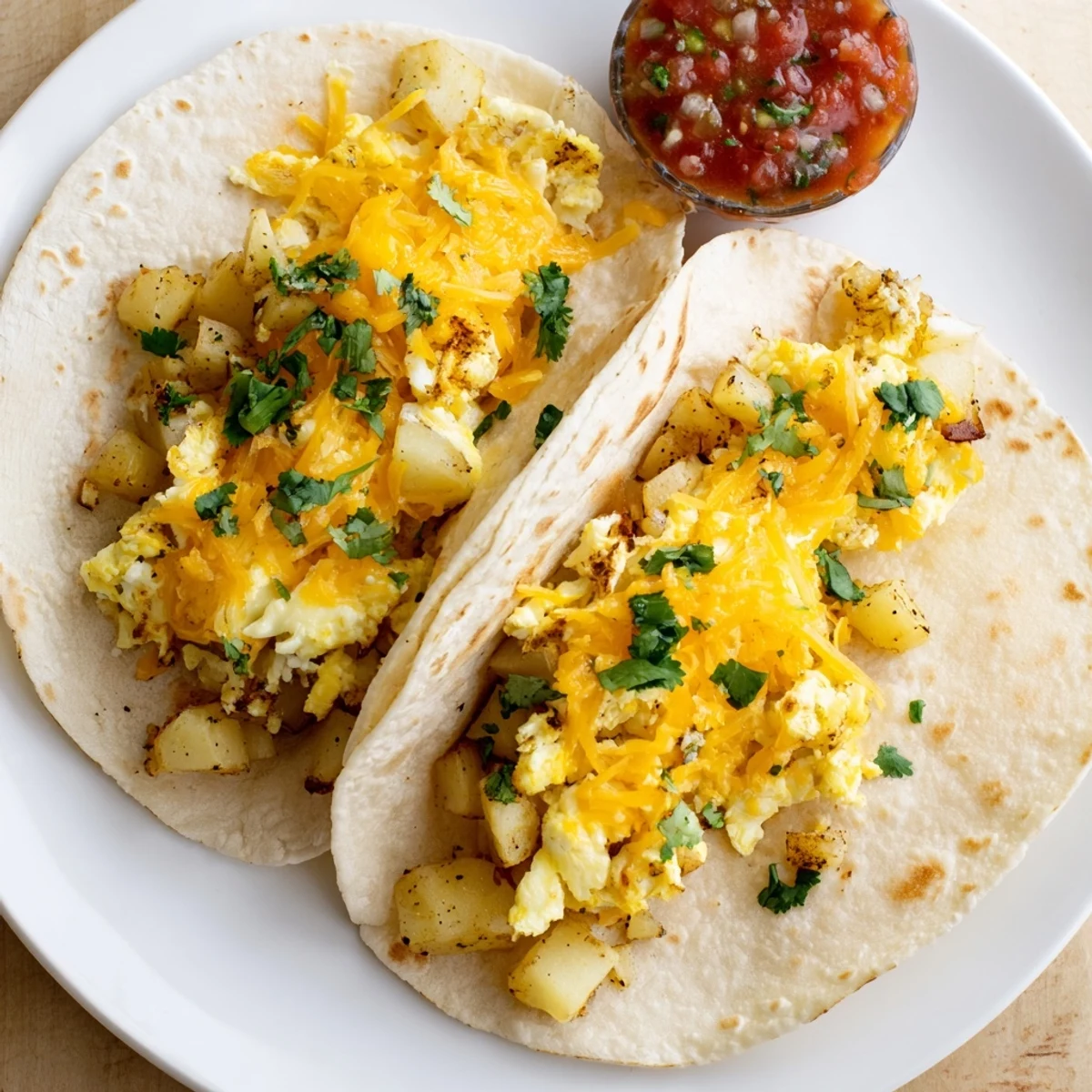 Golden potato egg cheese breakfast tacos loaded with fluffy eggs and melted cheddar in warm tortillas