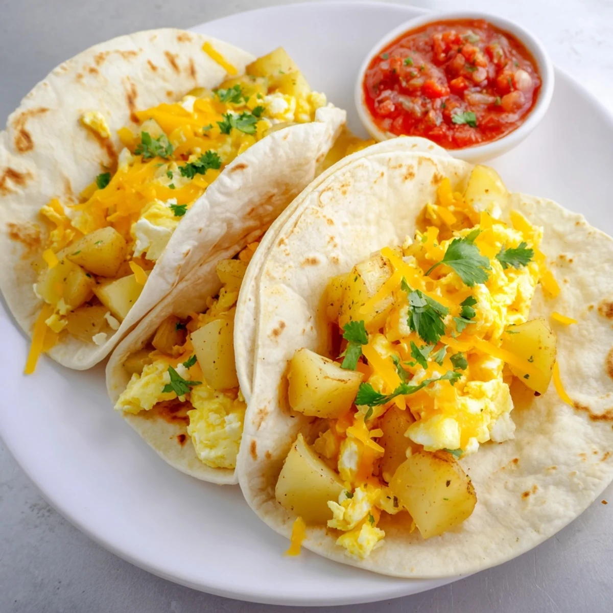 Crispy diced potatoes and scrambled egg filling stuffed inside soft flour tortillas for this Tex-Mex breakfast tacos recipe