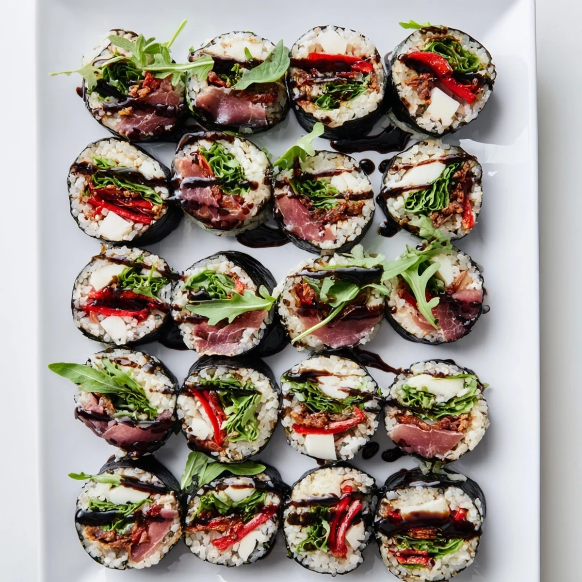 Colorful Italian sushi rolls with prosciutto, mozzarella, roasted peppers, and fresh basil arranged on a white platter