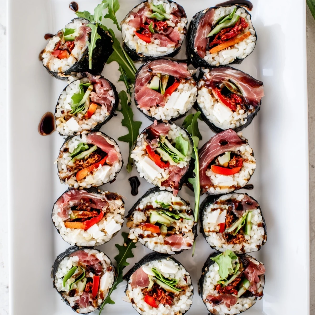 Close-up of fusion sushi featuring sun-dried tomatoes, arugula, and melted mozzarella wrapped in nori sheets