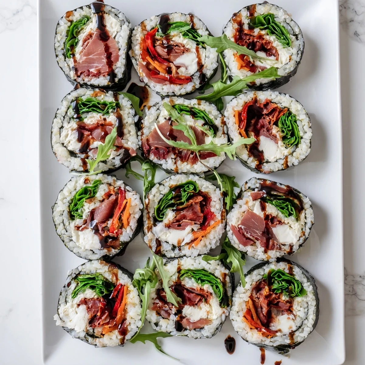 Bite-sized Italian sushi pieces drizzled with balsamic glaze and garnished with fresh basil leaves