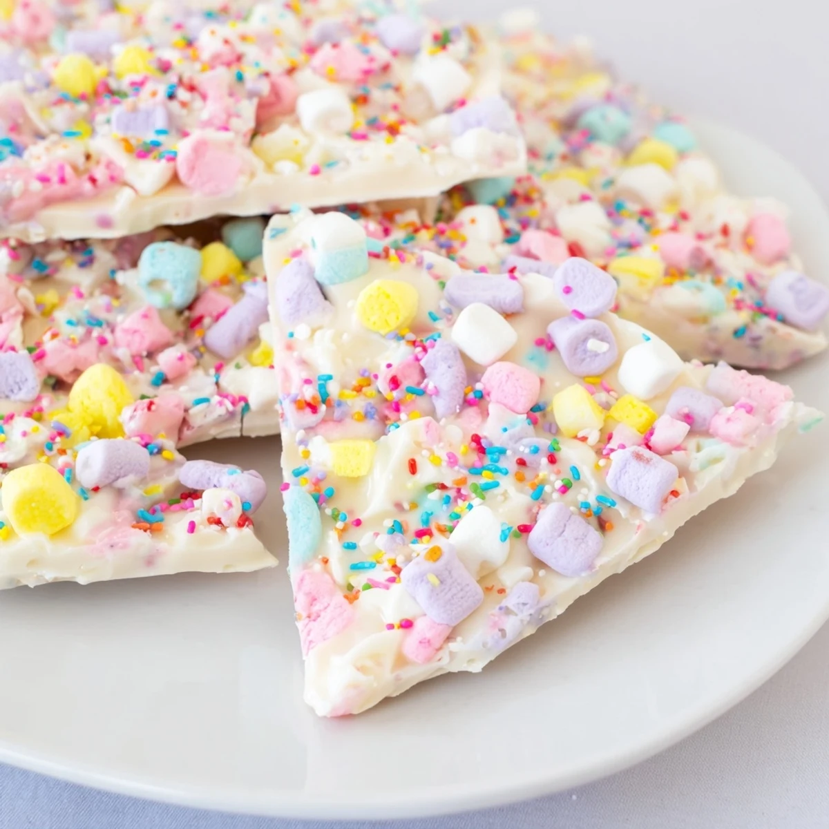 Festive Easter Marshmallow Bark with pastel marshmallows melted into creamy white chocolate and topped with colorful sprinkles and candy eggs