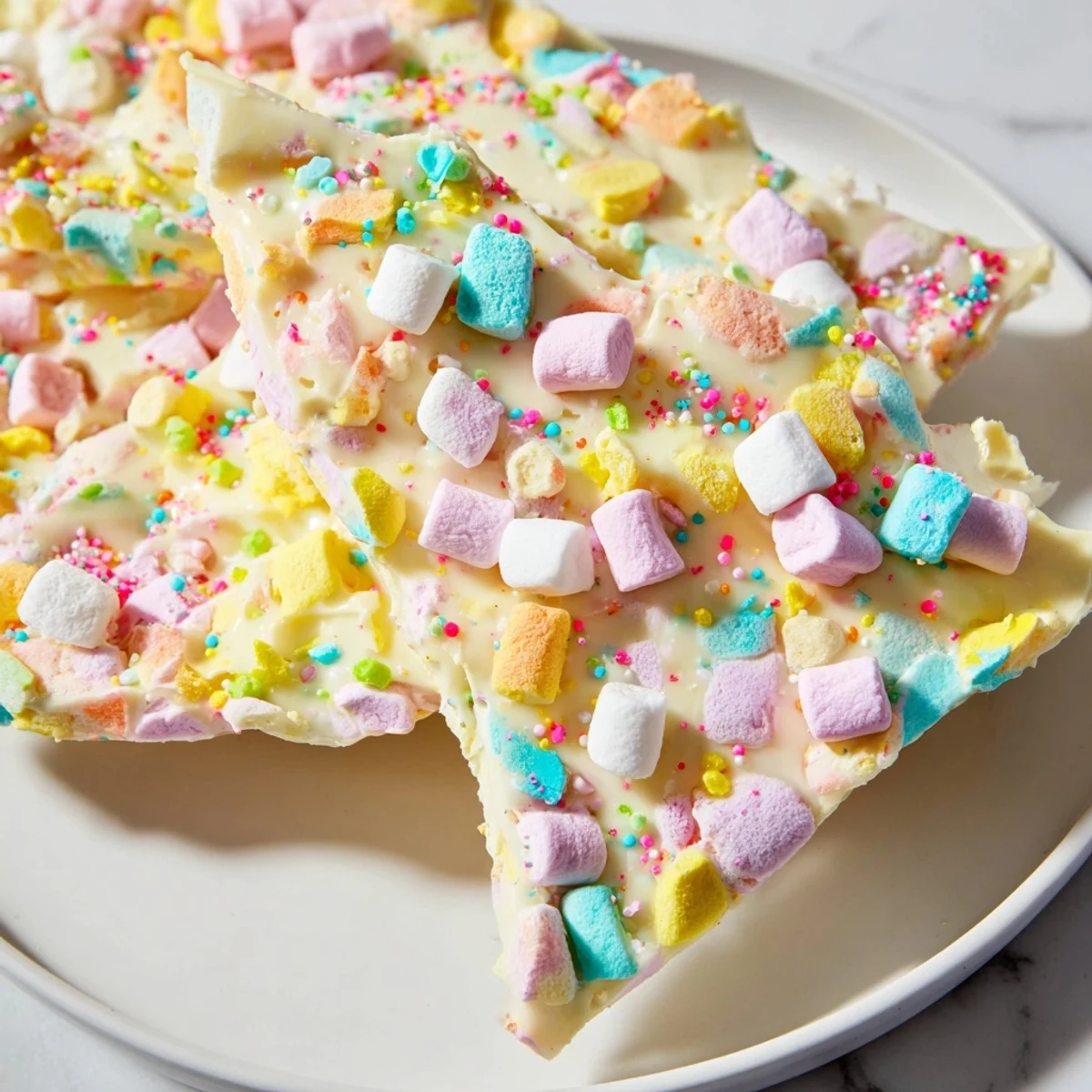 Homemade Easter Marshmallow Bark on a wooden board featuring pastel mini marshmallows, white chocolate base, and Easter candy toppings