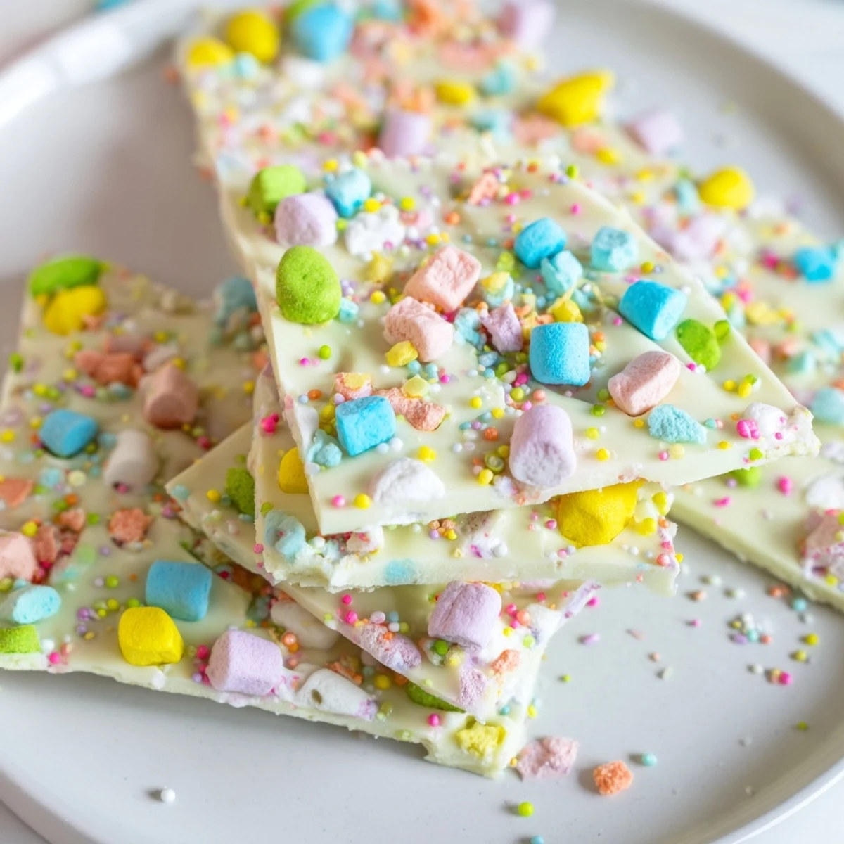 Colorful Easter Marshmallow Bark broken into pieces showing mini marshmallows swirled through smooth white chocolate decorated with pastel candy eggs