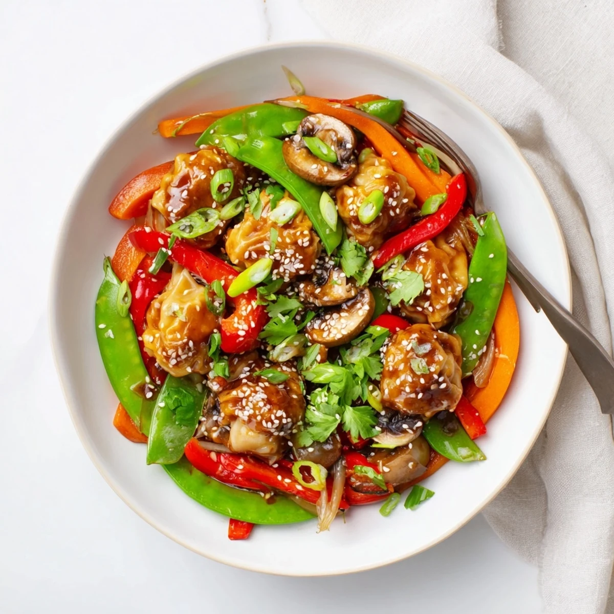 Pan-fried potstickers served with fresh vegetables and sesame seed garnish