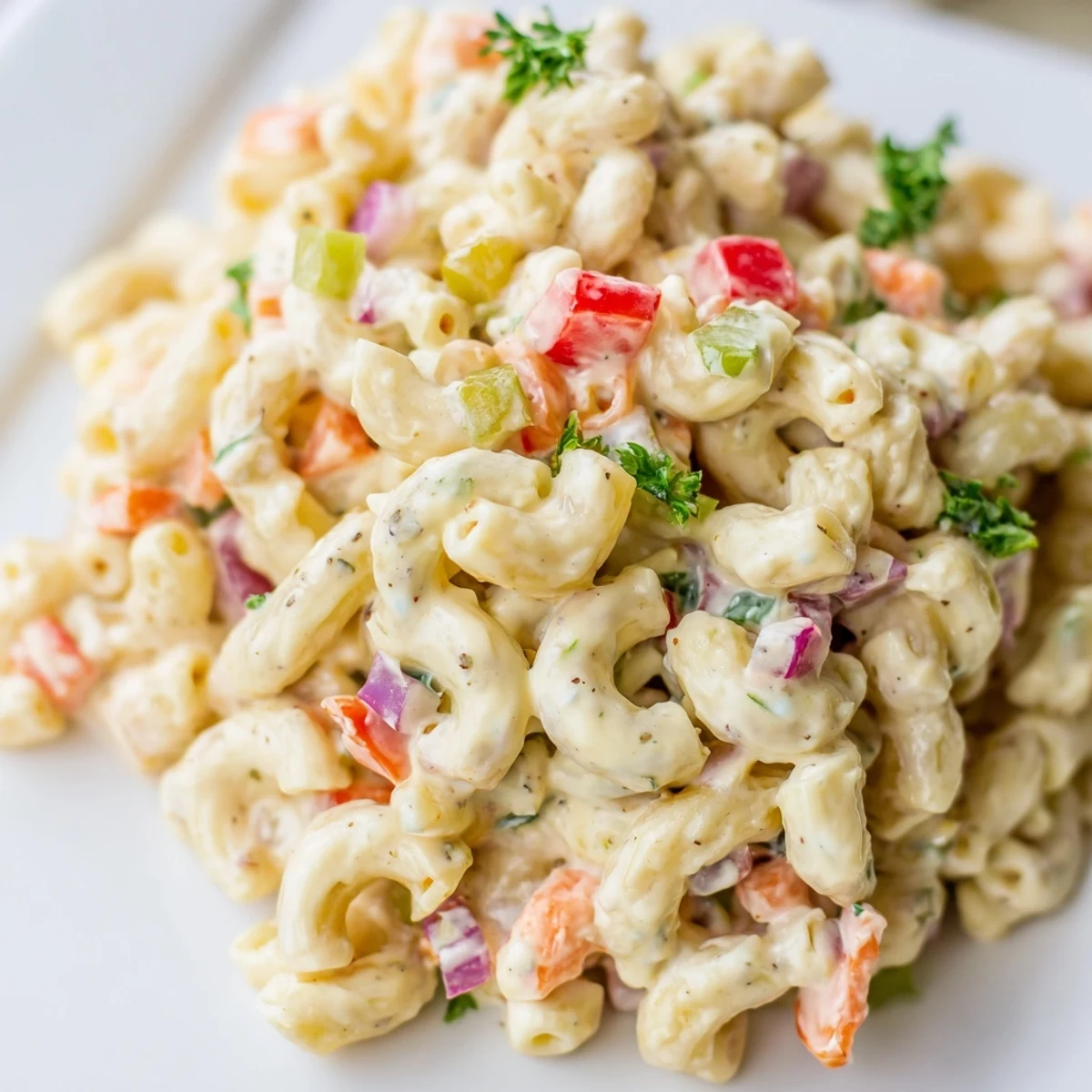 Creamy tangy and creamy macaroni salad loaded with colorful crunchy vegetables and rich dressing