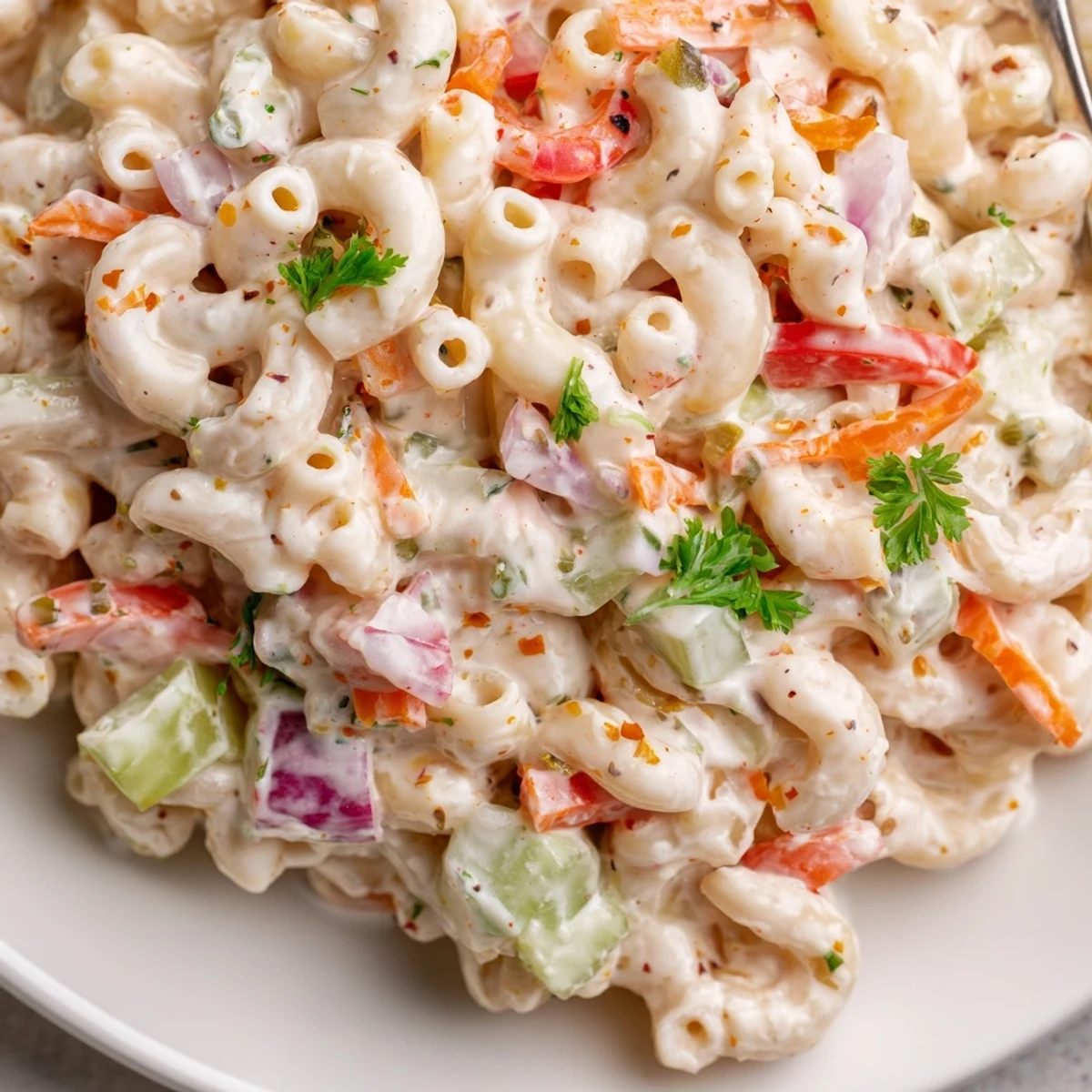 Serving of tangy and creamy macaroni salad showcasing tender pasta coated in tangy cream sauce