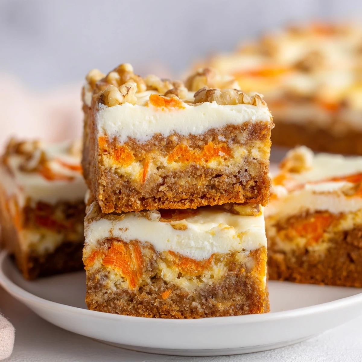 Slice of carrot cake cream cheese bars showing marbled texture with grated carrots and smooth creamy cheesecake swirled throughout