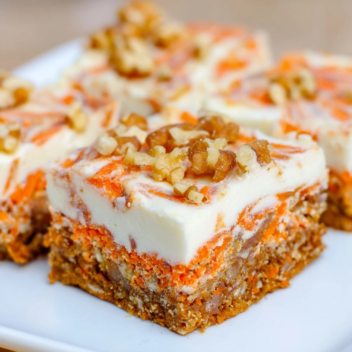 Homemade carrot cake cream cheese bars cooling on a wire rack with golden edges and visible cream cheese swirls