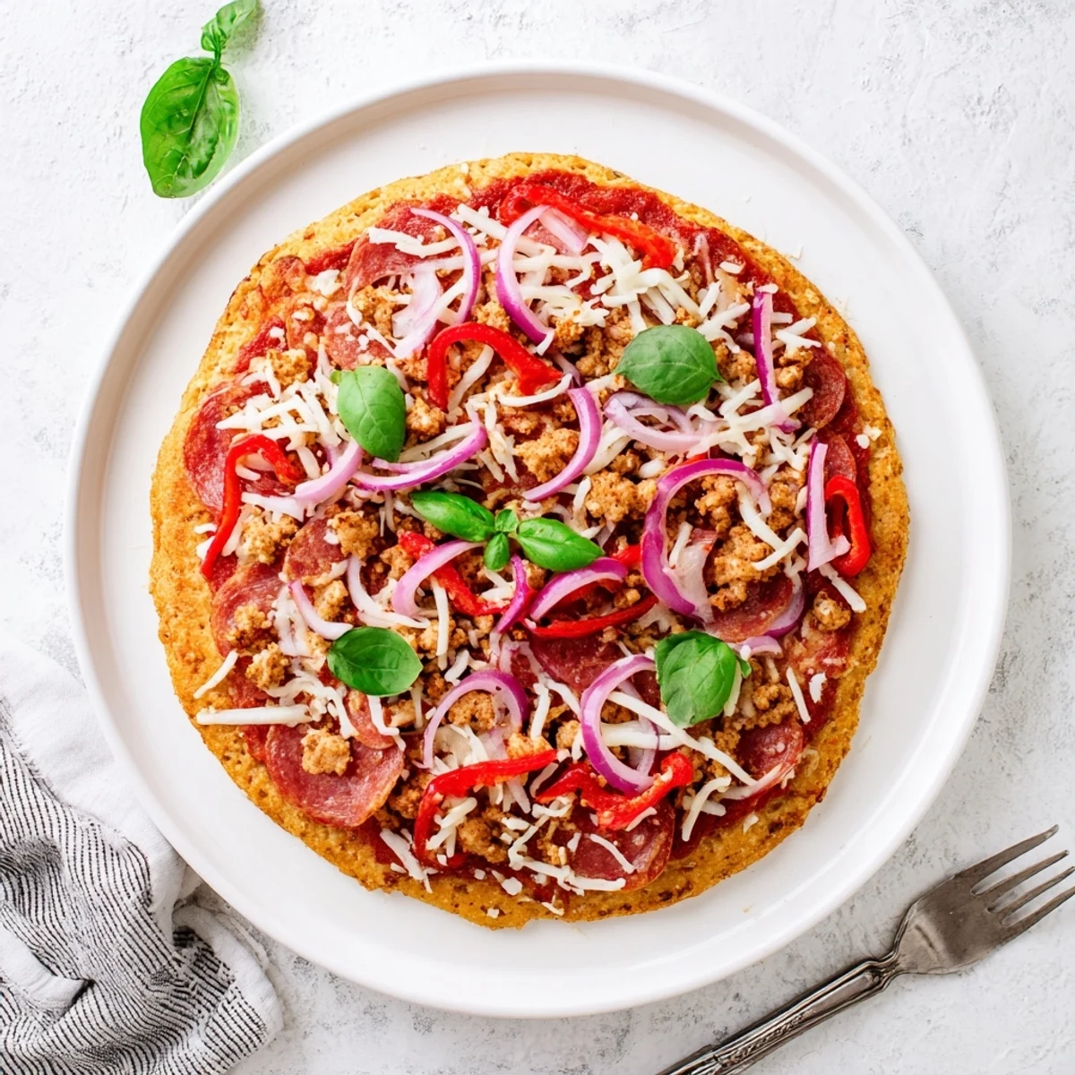 Crispy chicken crust pizza with melted cheese and colorful bell peppers on a rustic baking sheet