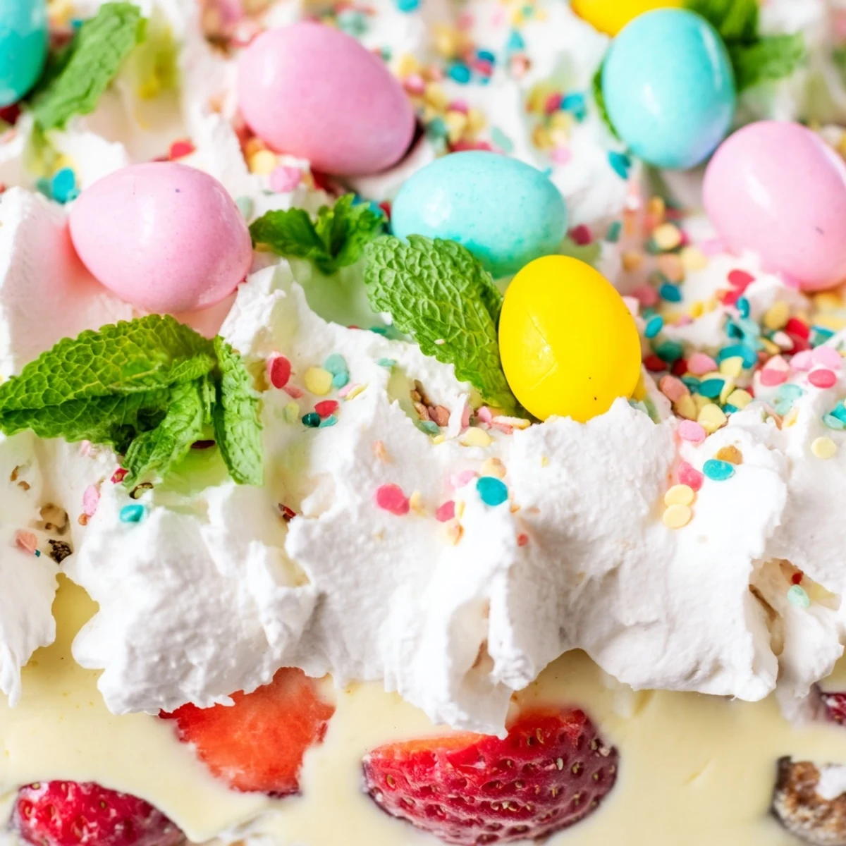 Layered Easter trifle dessert with sponge cake, custard, berries, and whipped cream in glass bowl