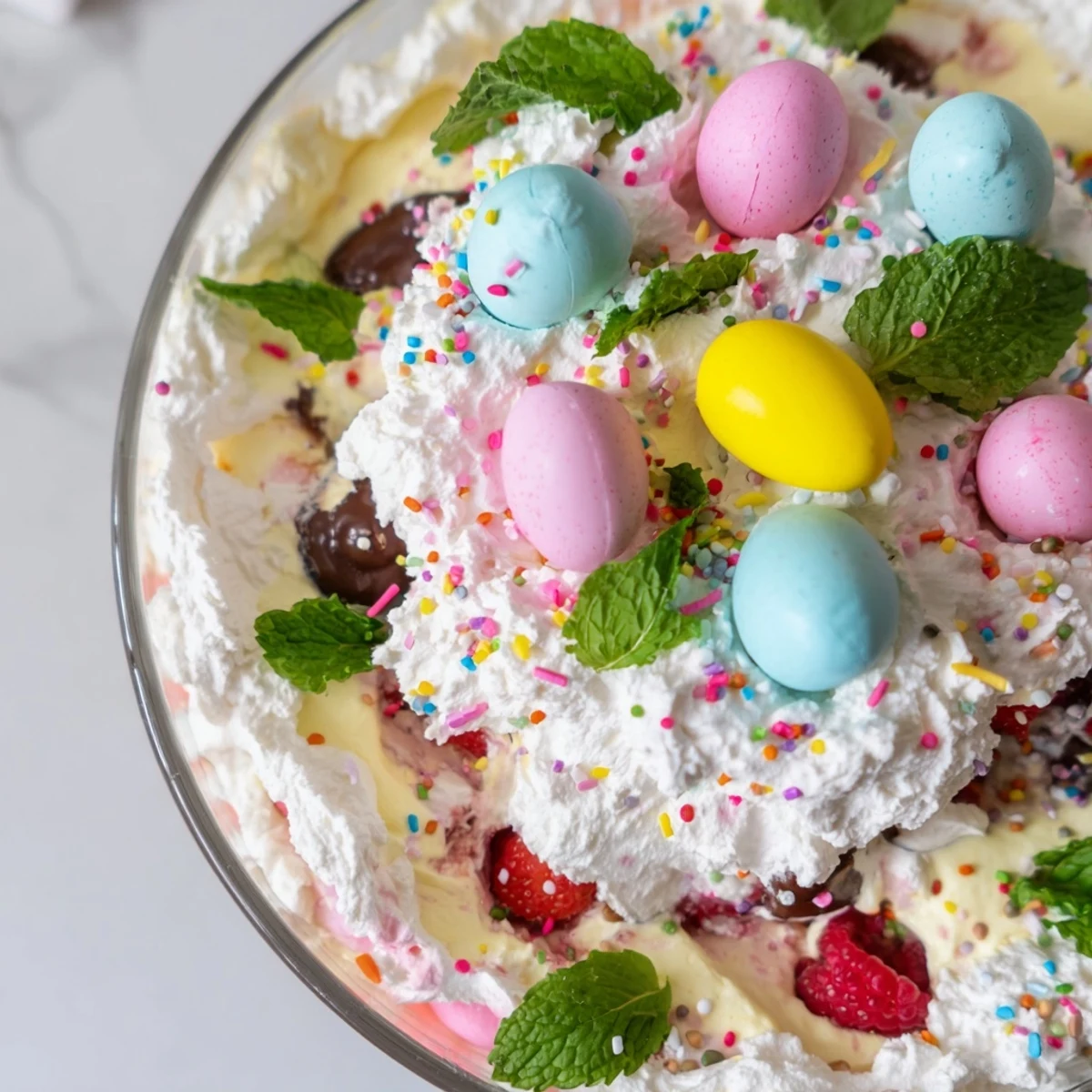 Festive Easter trifle showcasing alternating layers of vanilla custard, fresh mixed berries, and cake