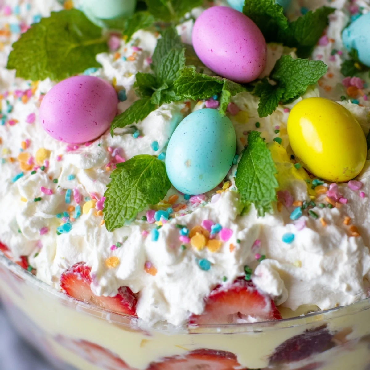Glass trifle dish filled with Easter dessert featuring sponge cake, creamy custard, and colorful berries