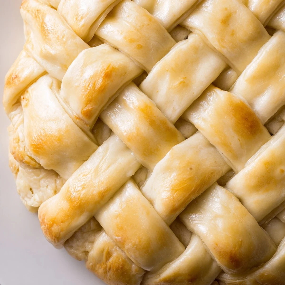 Golden brown fishtail braid pie crust woven around a fruit pie with glossy egg wash finish