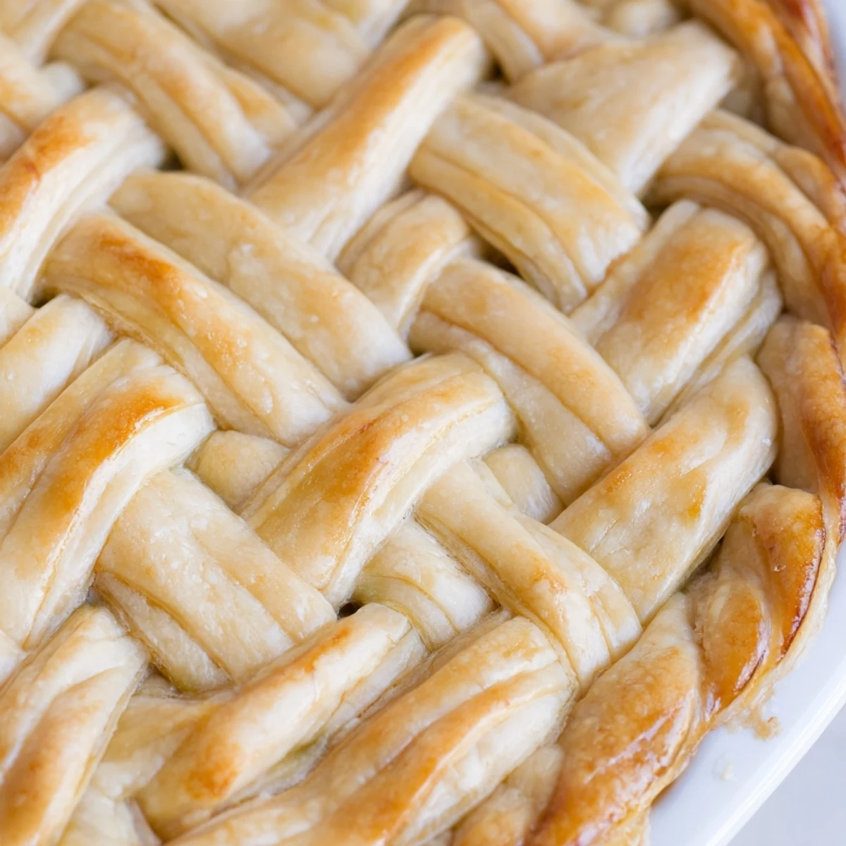 Close up of woven fishtail braid crust trimming a baked pie with shiny glazed pastry strands