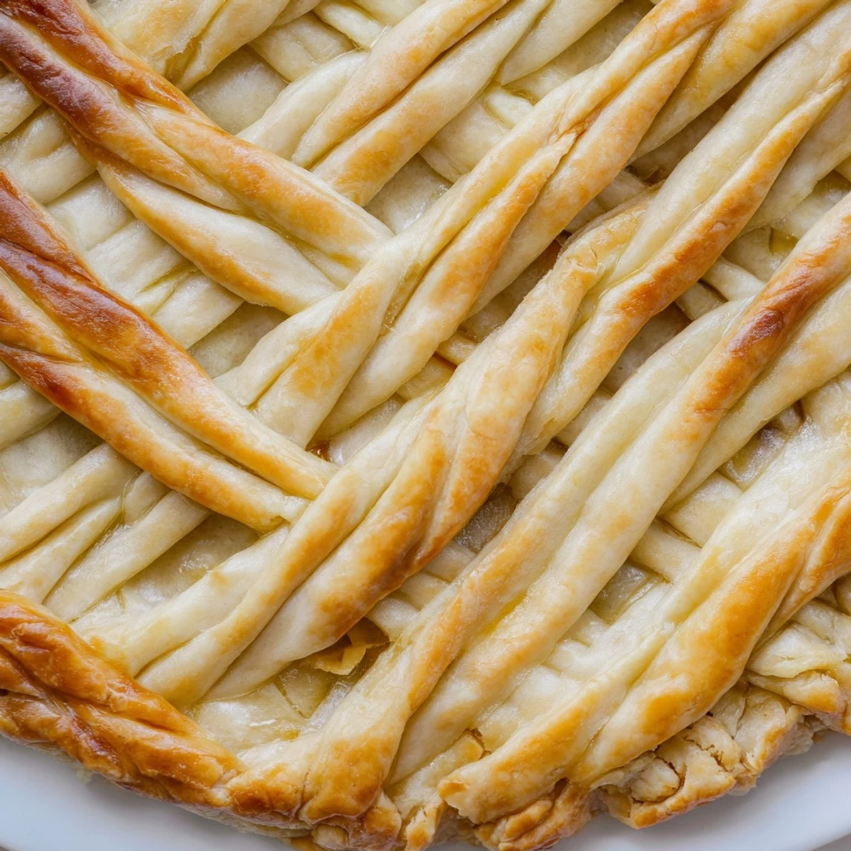 Intricate braided pastry edge decorates a homemade pie with woven dough strips and golden texture