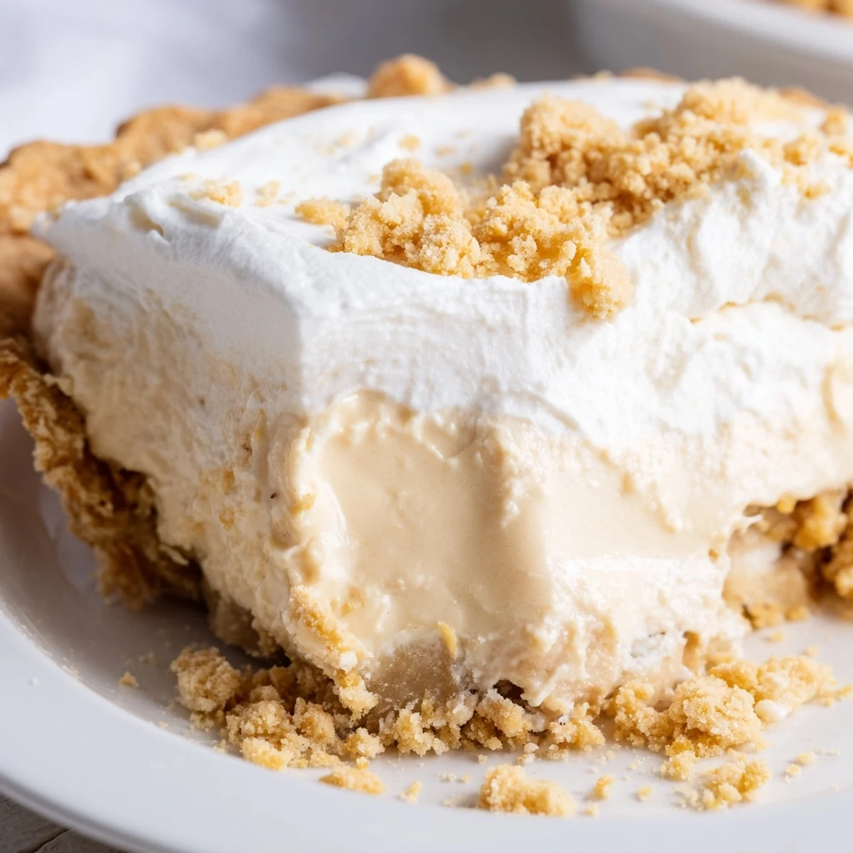 Velvety Amish Peanut Butter Dream Pie slice showing rich custard filling in flaky golden crust