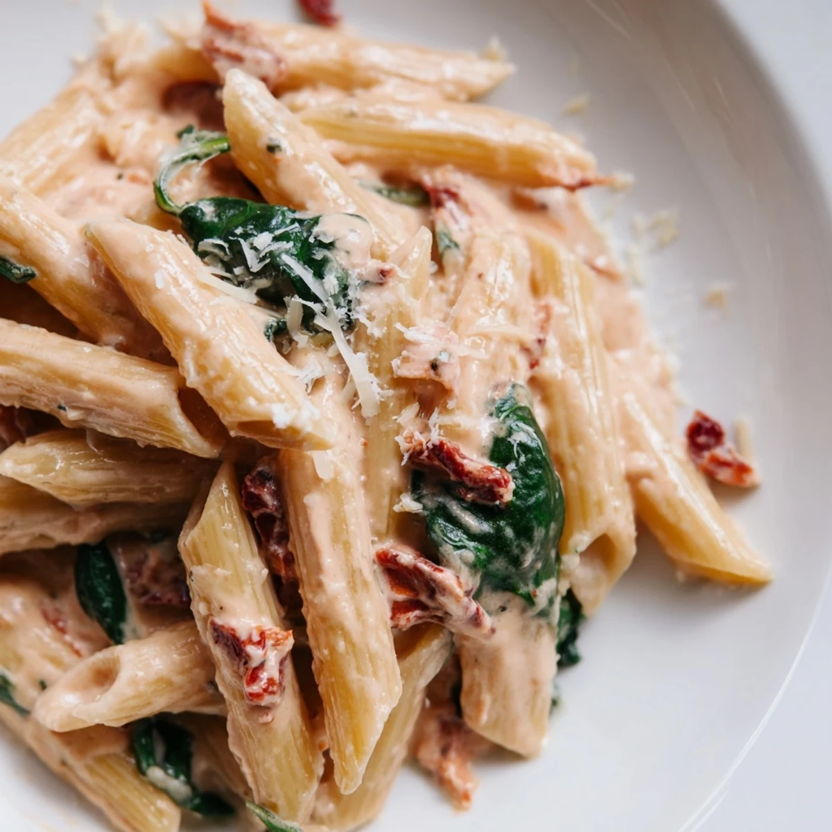Creamy sun dried tomato spinach pasta in a rustic skillet with vibrant green leaves and rich sauce