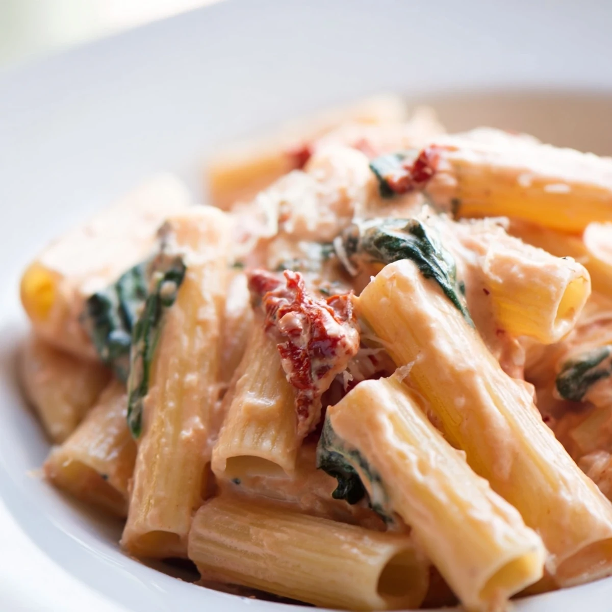 One pan creamy sun dried tomato spinach pasta topped with grated Parmesan in a white bowl