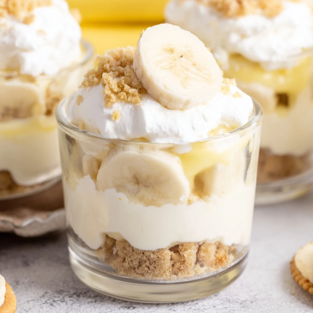 Individual no bake banana pudding cheesecake cups layered with silky filling and crunchy golden crust