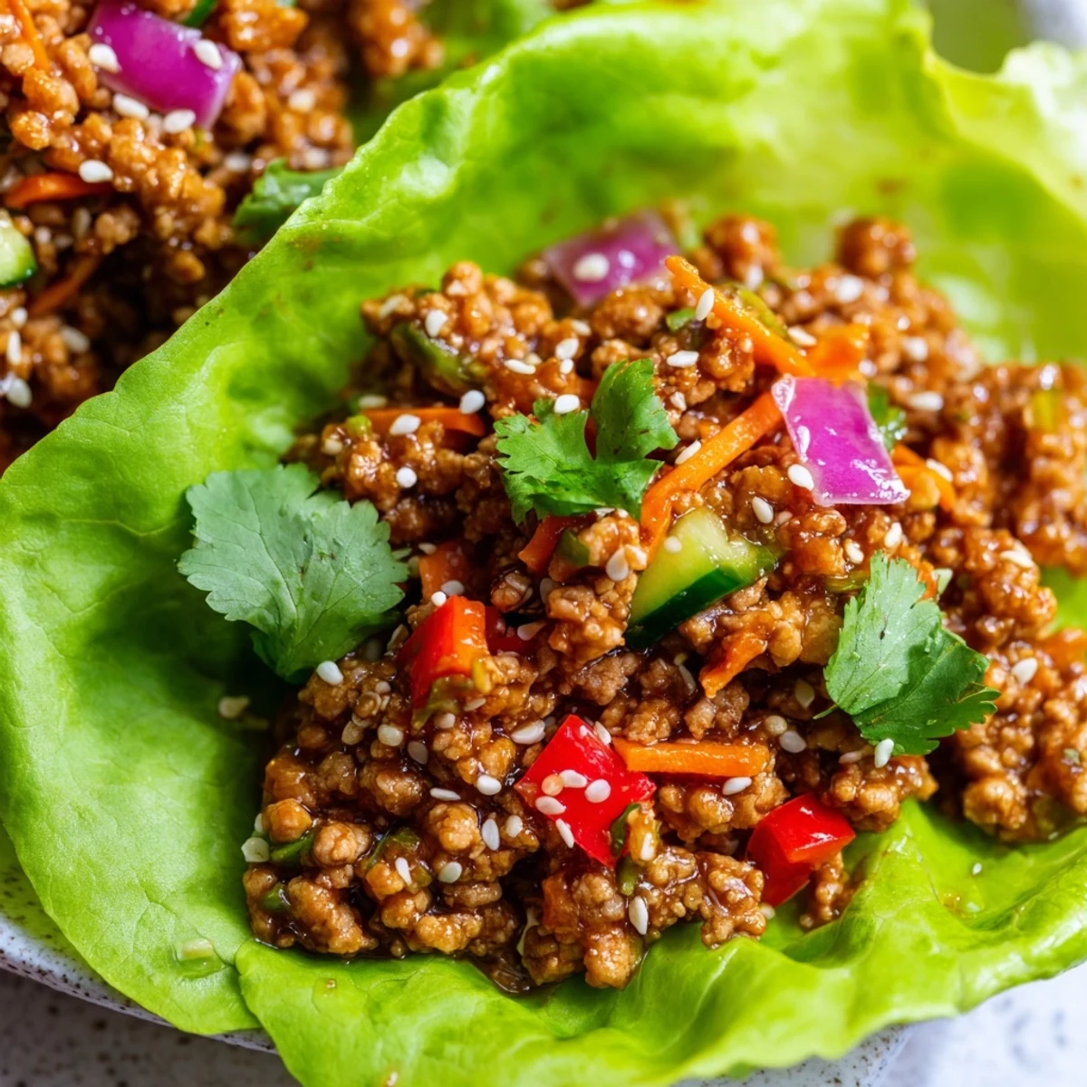 Seasoned ground turkey filling served in crisp romaine lettuce cups with fresh vegetables
