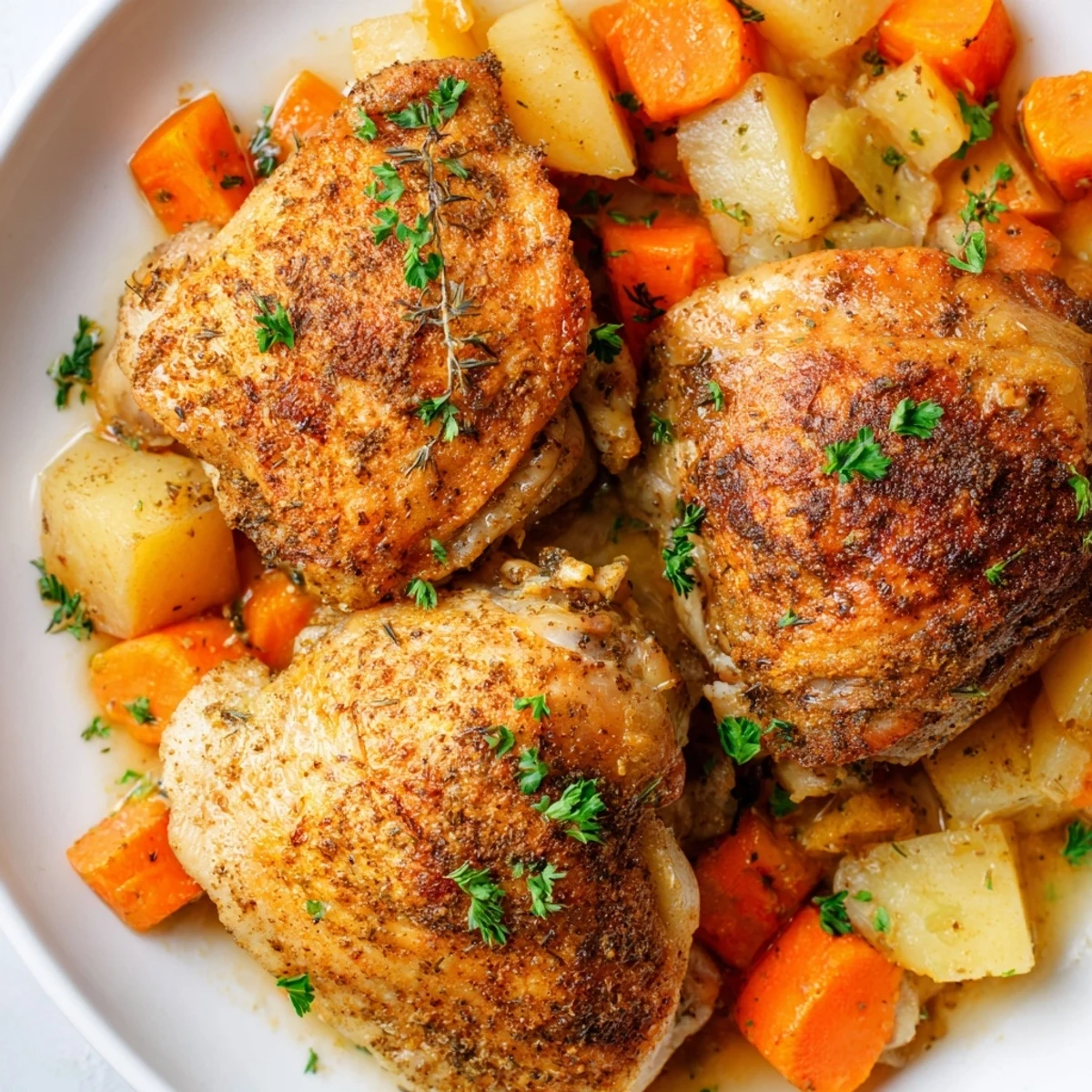 Slow cooker chicken dinner with tender vegetables in savory herb sauce