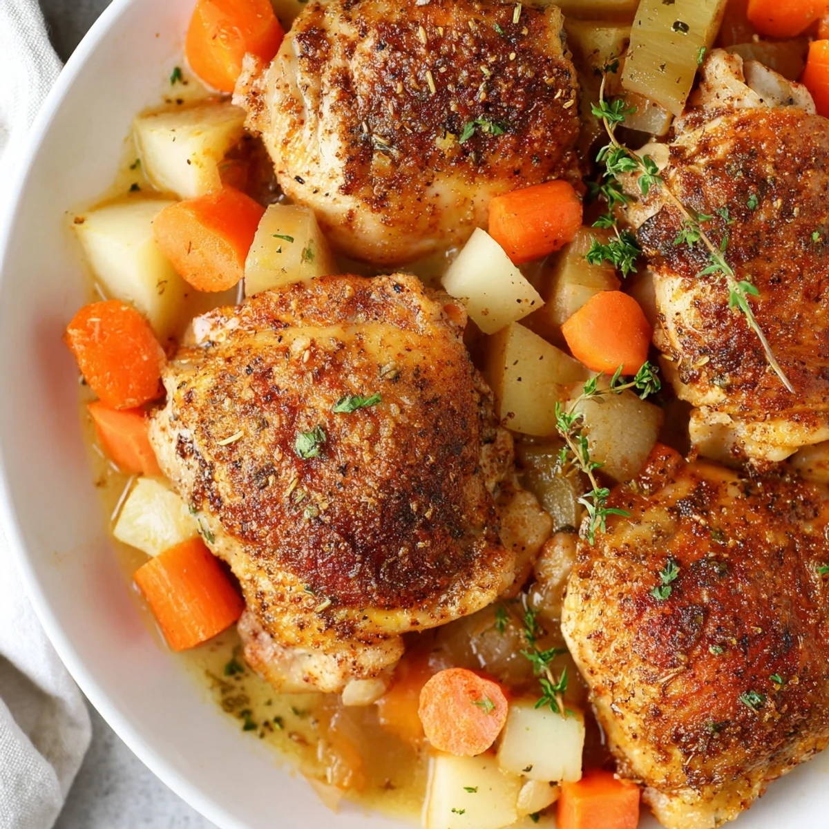 Golden brown chicken thighs nestled over carrots and potatoes in slow cooker