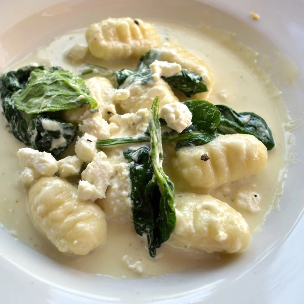Creamy gnocchi with spinach and feta topped with crumbled cheese in white sauce
