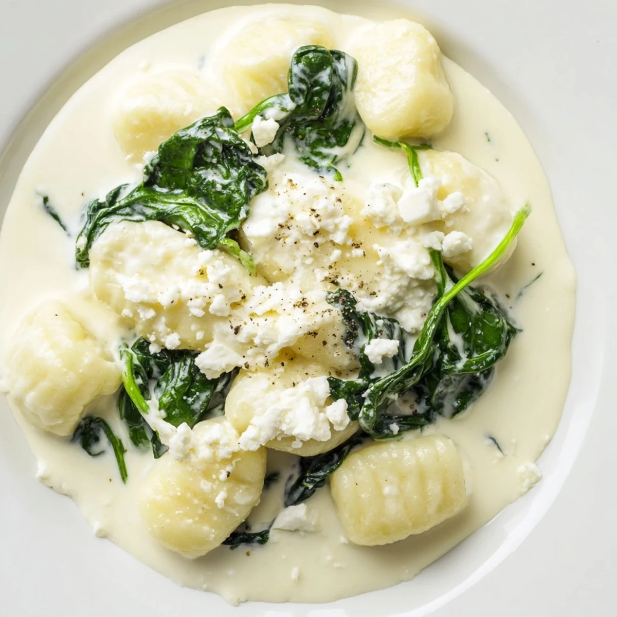 Tender potato gnocchi with spinach and feta glistening in rich cream sauce