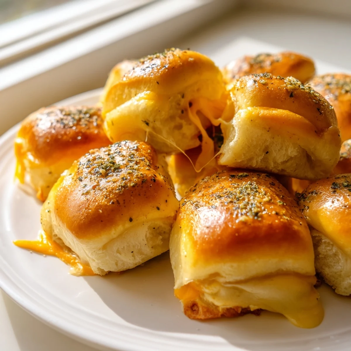 Golden mini grilled cheese Hawaiian rolls with gooey melted cheddar, fresh from the oven.