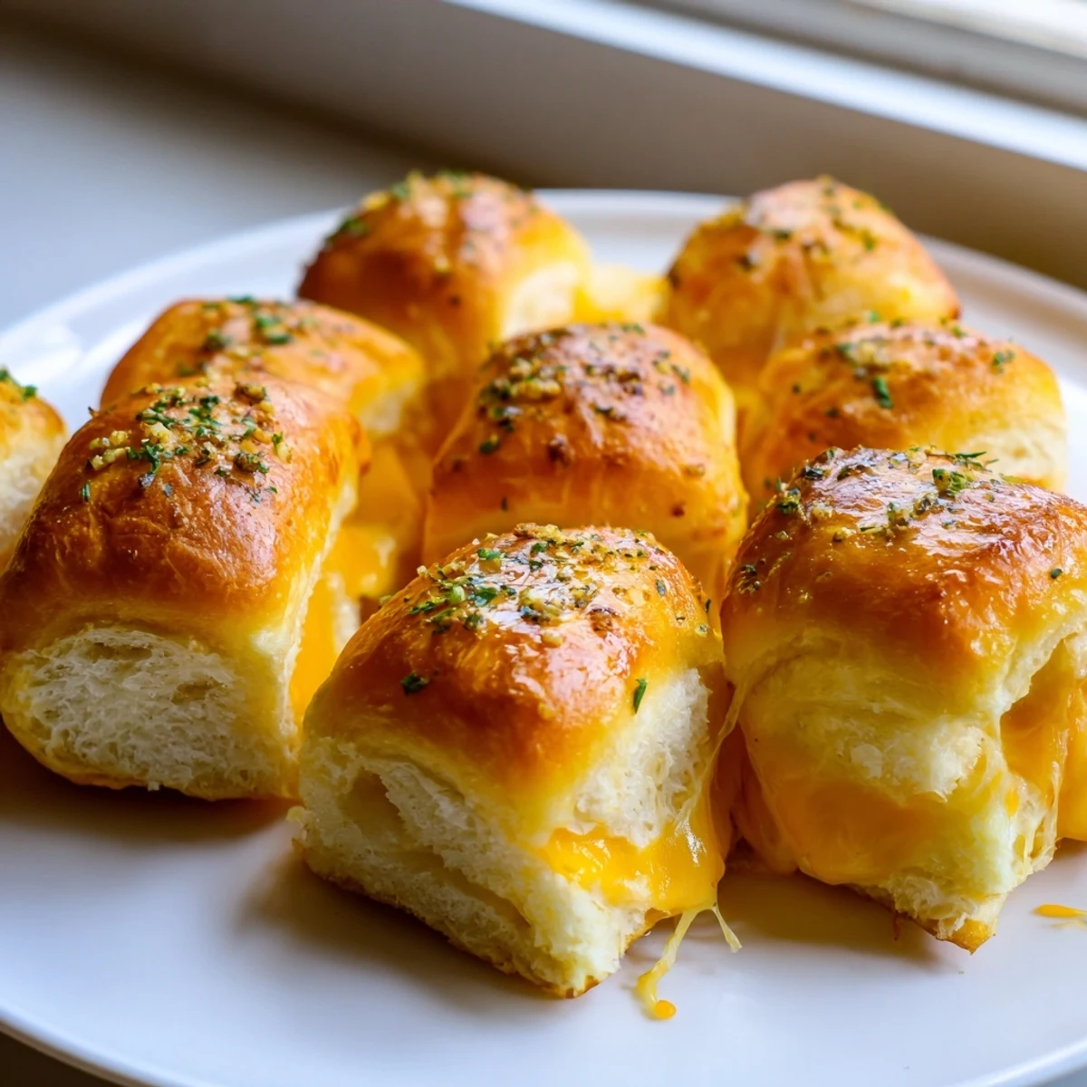 A warm tray of mini grilled cheese Hawaiian rolls sprinkled with parsley, ready to serve.
