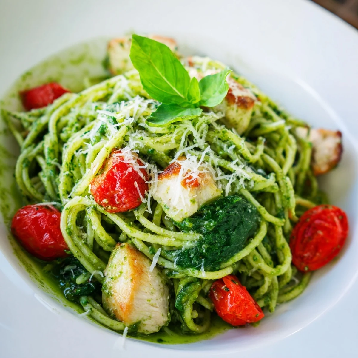 Creamy light pesto pasta with chicken topped with fresh basil and parmesan