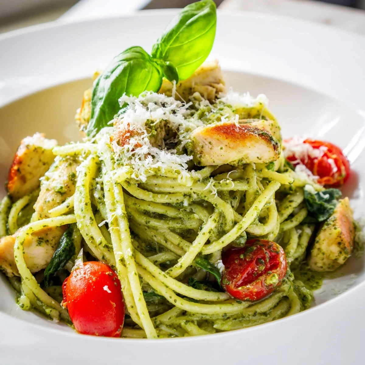 Golden seared chicken tossed in light pesto pasta with bright green herbs