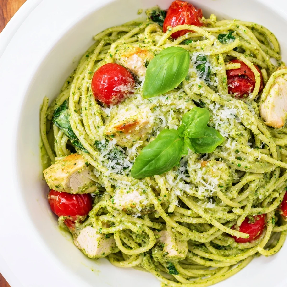 Steaming bowl of light pesto pasta with chicken cherry tomatoes and spinach