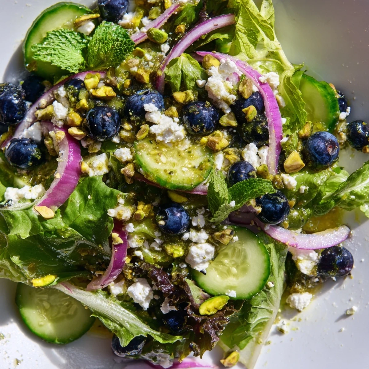 Vibrant blueberry pistachio spring salad served in a bowl with sweet berries and greens