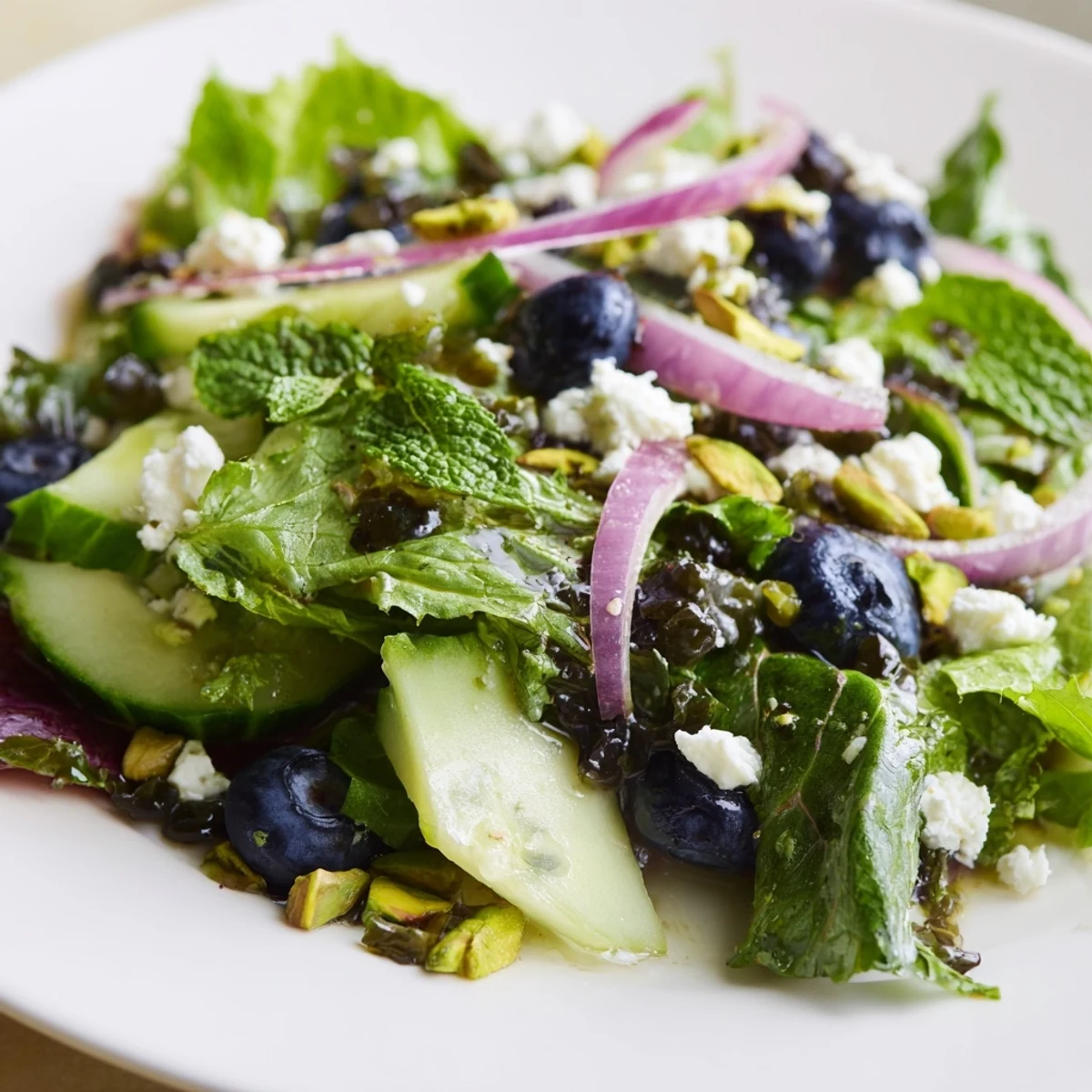 Fresh blueberry pistachio spring salad with crumbled feta and zesty lemon vinaigrette