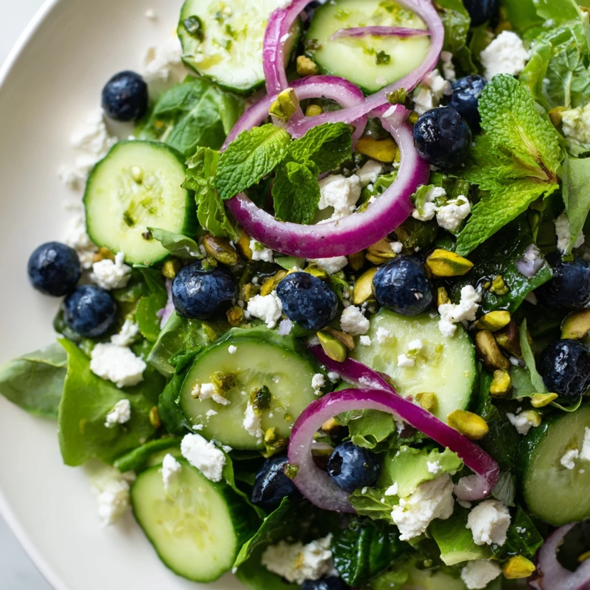 Blueberry pistachio spring salad topped with crunchy nuts, cucumber, and torn mint leaves