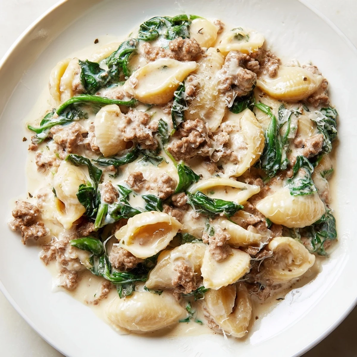 Tender beef and spinach coated in velvety sauce over high protein pasta noodles