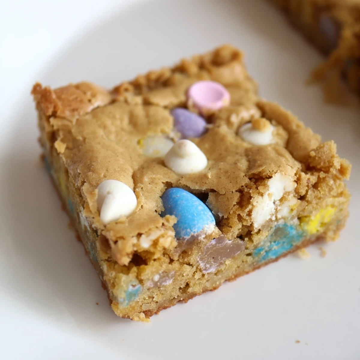Chewy golden Mini Cadbury Easter Egg blondies studded with pastel candy pieces on a rustic cutting board