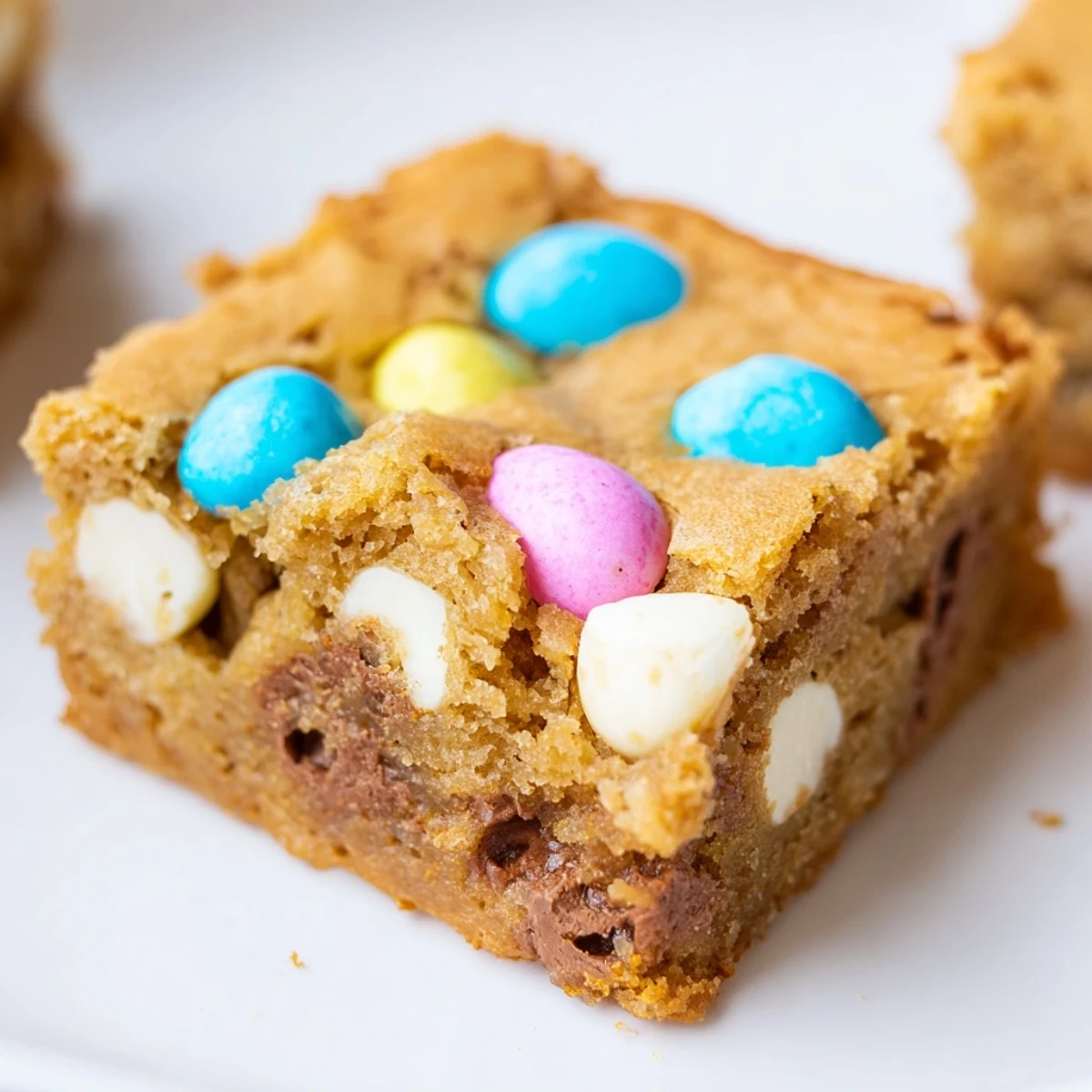 Fudgy Mini Cadbury Easter Egg blondies with melted white chocolate and speckled eggs on a spring-themed plate