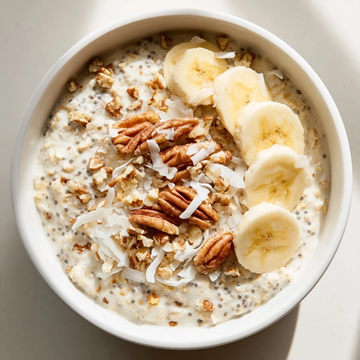 Creamy coconut cream pie overnight oats topped with toasted coconut flakes and chopped pecans