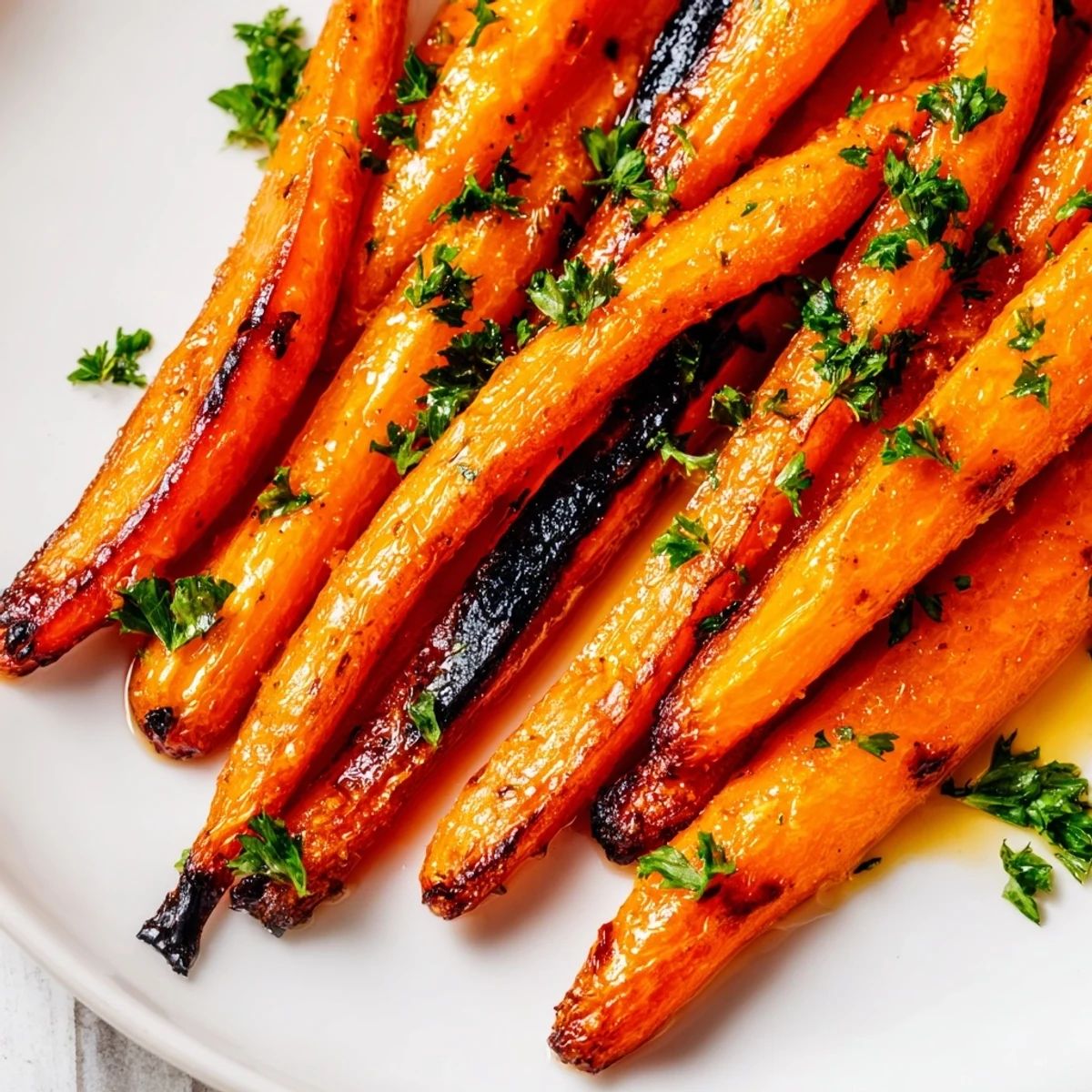 Golden honey roasted carrots glistening with caramelized edges on a white serving platter