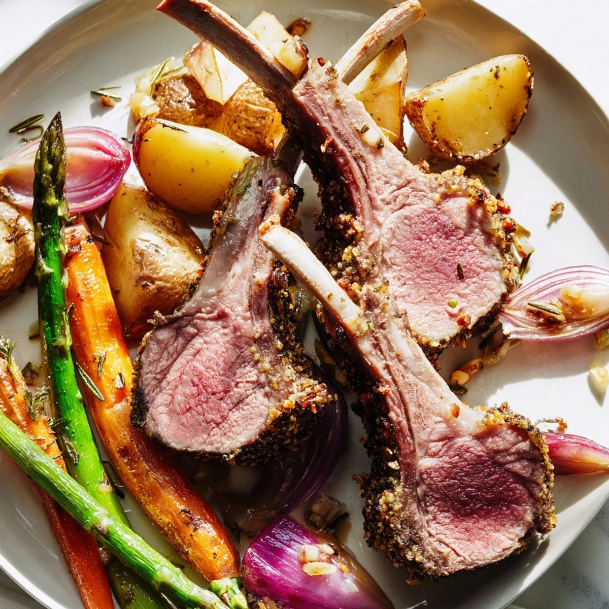 Herb-crusted lamb chops and roasted vegetables arranged on a glistening Easter dinner sheet pan