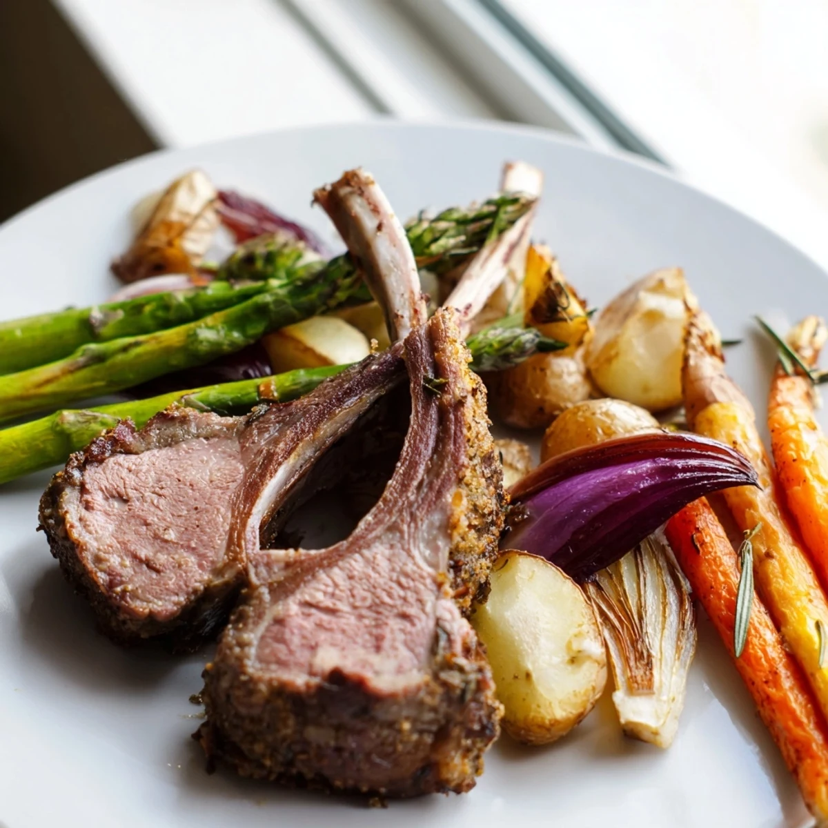 Golden roasted carrots and asparagus surrounding juicy lamb chops on festive Easter sheet pan