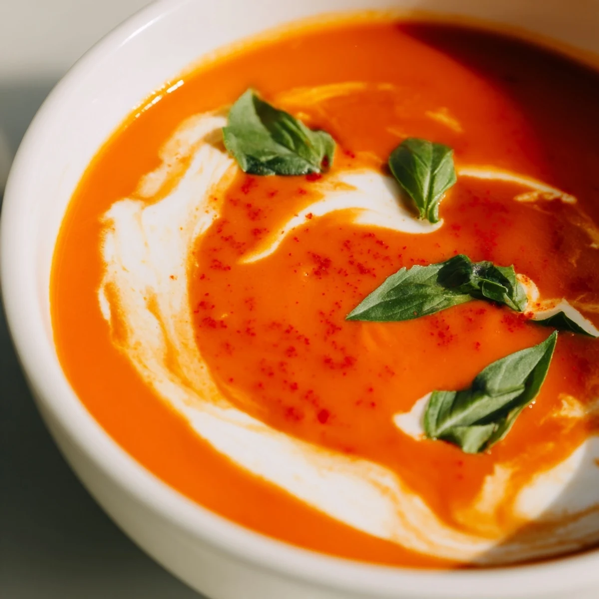 Steaming fire roasted tomato soup in a white bowl topped with fresh basil leaves