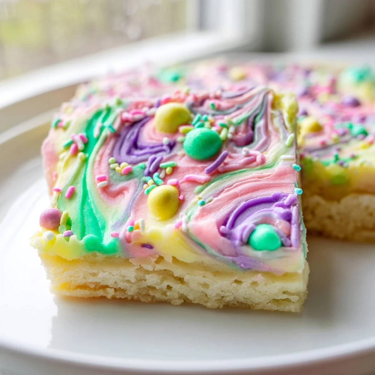 Soft Easter sugar cookie bars with swirled pastel frosting and colorful sprinkles on a white platter