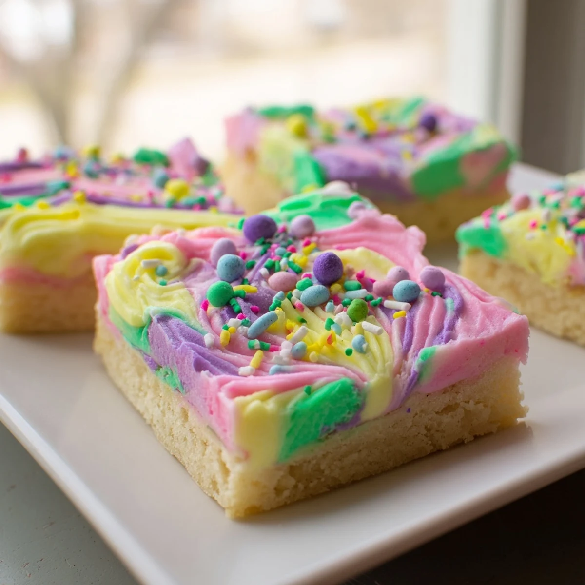 Thick cut Easter sugar cookie bars featuring creamy pink and yellow frosting topped with festive sprinkles
