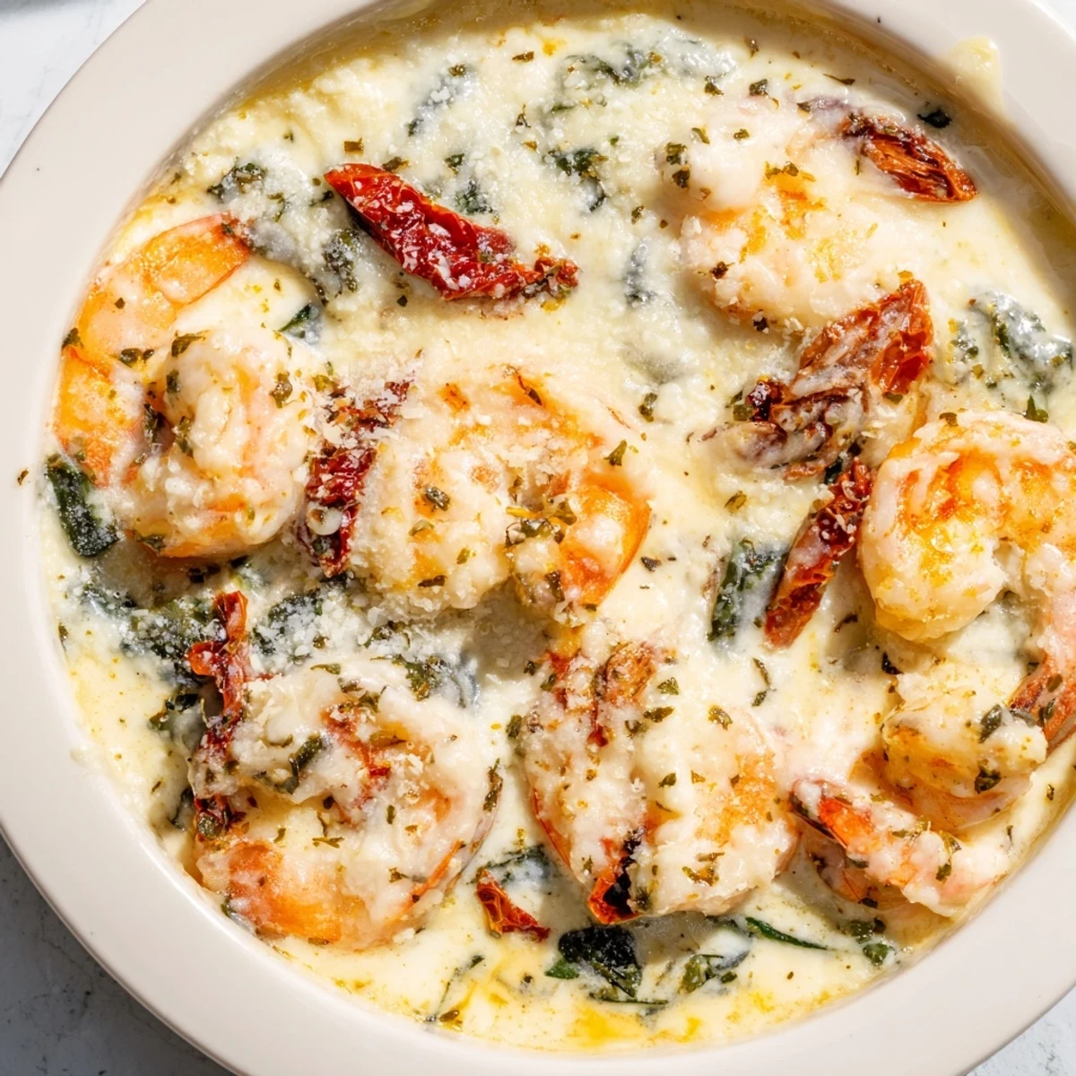 Creamy Low Carb Shrimp Tuscan Bake with golden melted mozzarella and sun-dried tomatoes bubbling in a rustic baking dish