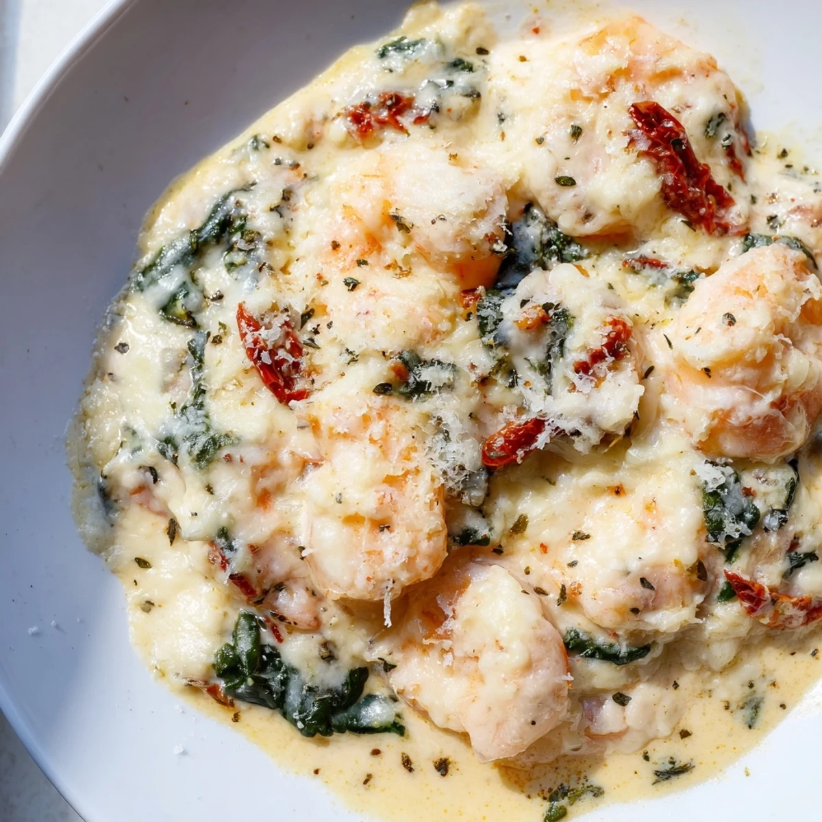 Low Carb Shrimp Tuscan Bake topped with bubbling cheese served over a bed of tender sautéed spinach