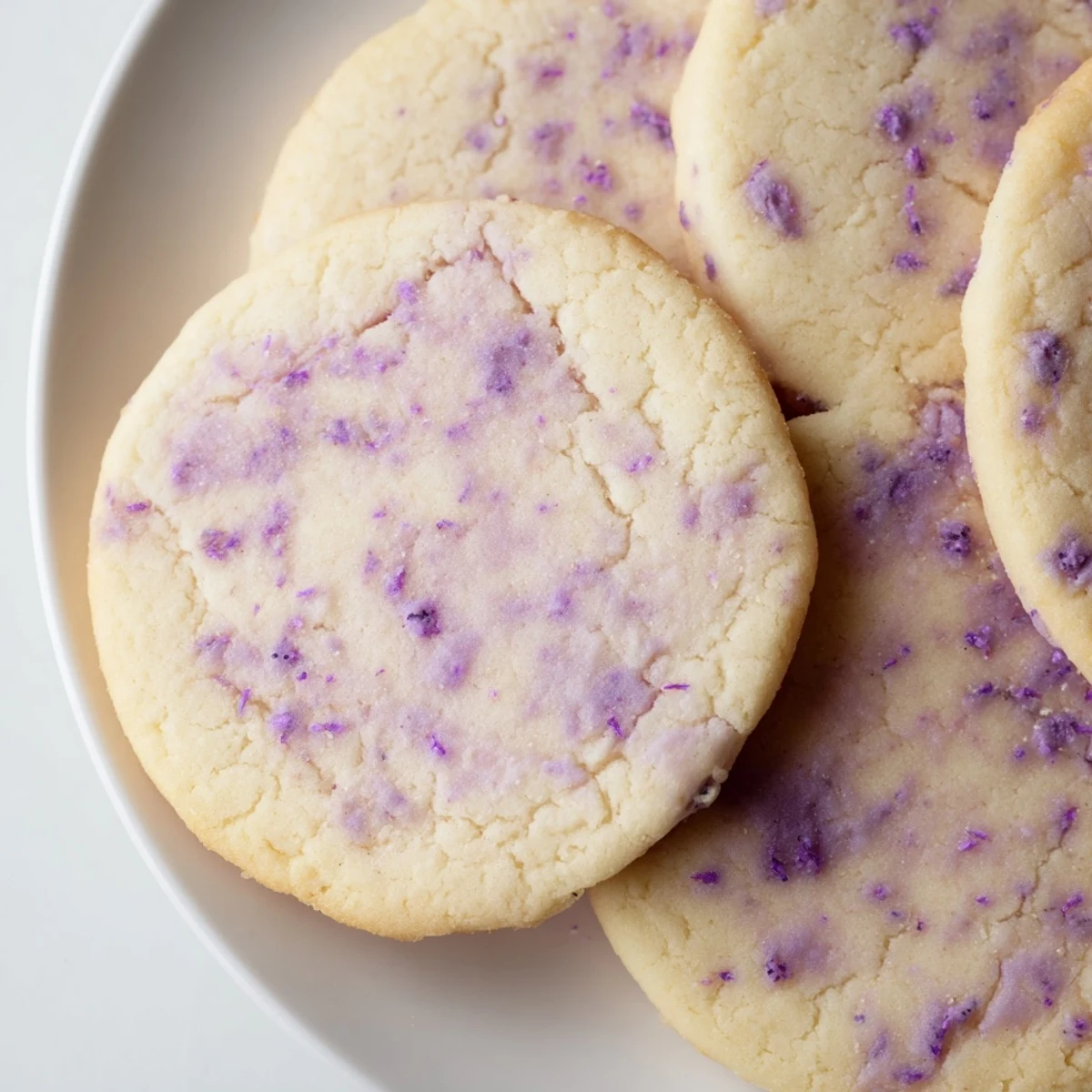 Soft lilac sugar cookies with delicate purple flecks arranged on a rustic white ceramic plate